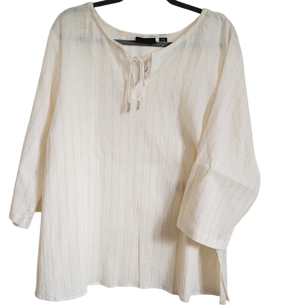 Avenue 22/24 Cream W/Silver Thread‎ Blouse Tassel Tie Side Slits 2X 3/4 Slv NWT